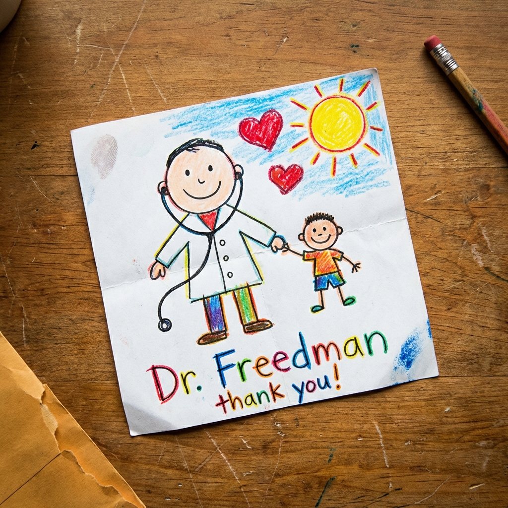 A patient's child drew a thank-you picture for Dr. Freedman