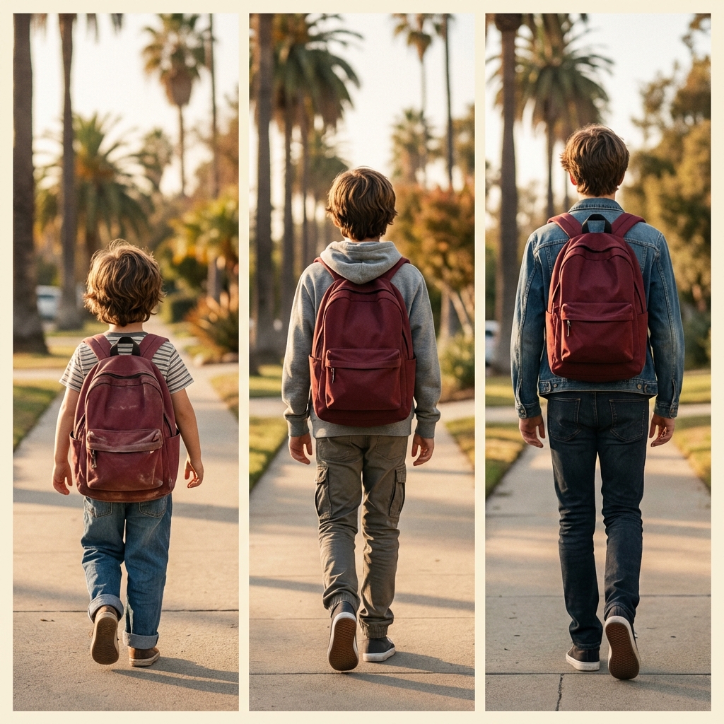 The same child walking to school with a burgundy backpack at three different ages, showing growth over many years